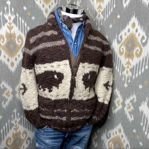 Polo Ralph Lauren Vtg Handknit Cowichan Inspired Buffalo Zip Cardigan Sweater - Picture 7 of 16